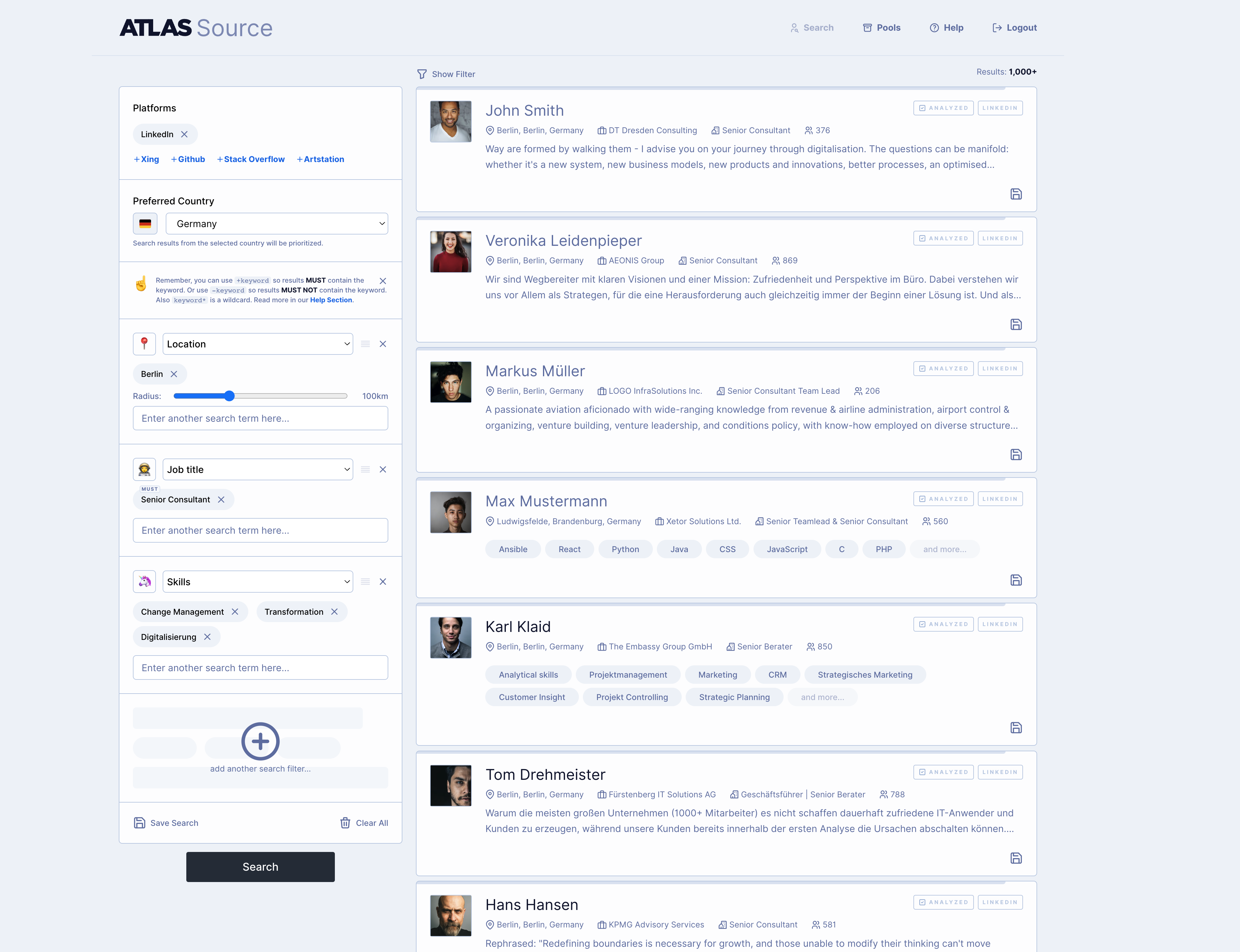 Atlas Source screenshot: Atlas Source LinkedIn search view