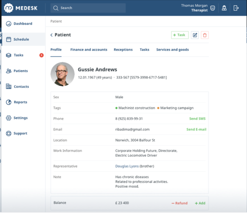 Medesk Software - Medesk patient profile