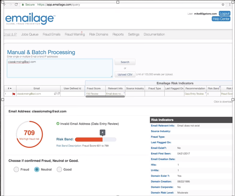 Emailage screenshot: Emailage email risk scoring screenshot