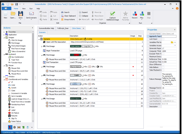 Automai Watcher screenshot: The ScenarioBuilder allows users to create any sequence of end user actions without the need for complex scripting