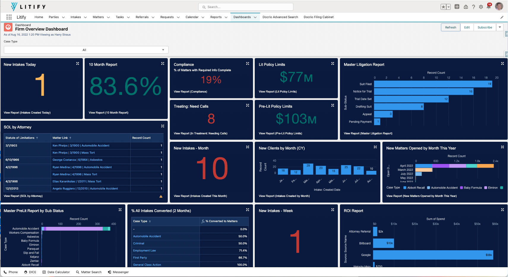 Litify Software - Performance Dashboard: Litify makes it easy to understand what’s happening inside your business with user-friendly, highly configurable dashboards that are fully built into the product.