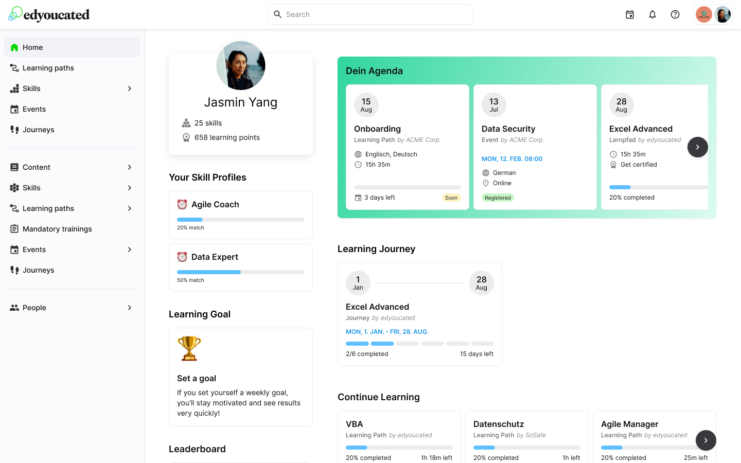 edyoucated screenshot: Give your learners an overview of their agenda, deadlines, learning paths and more.