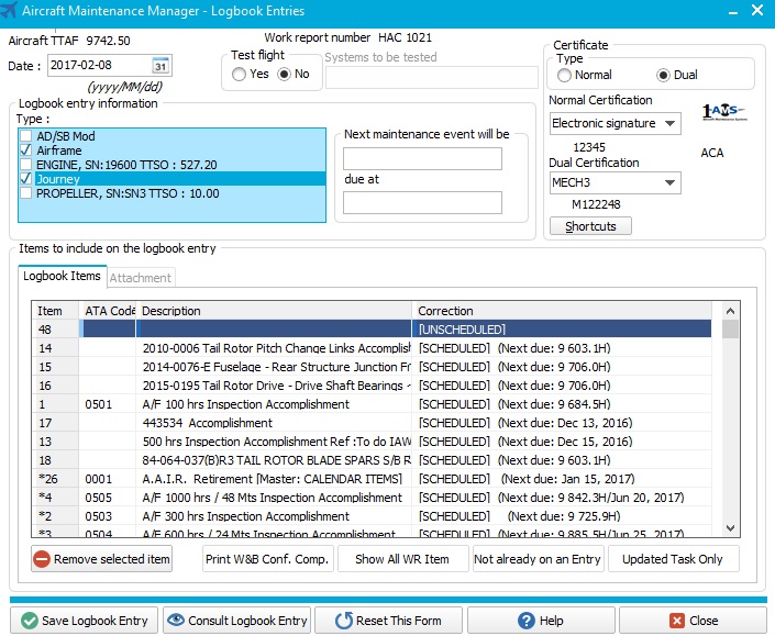 Aircraft Maintenance Systems logbook entries screenshot