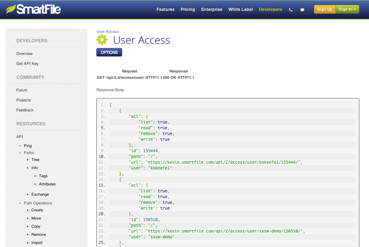SmartFile access management via API