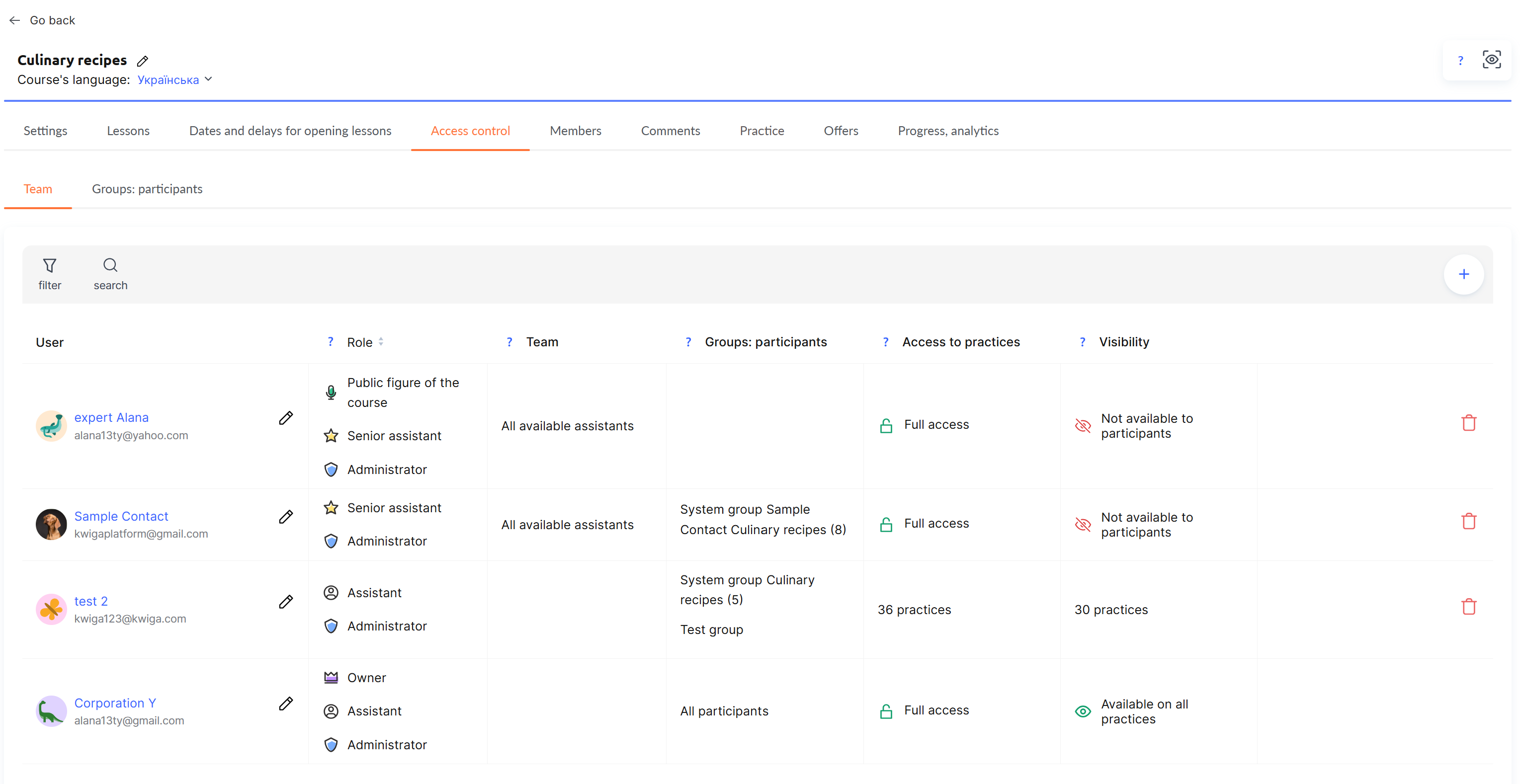 KWIGA LMS Software - KWIGA LMS manage team access on the course