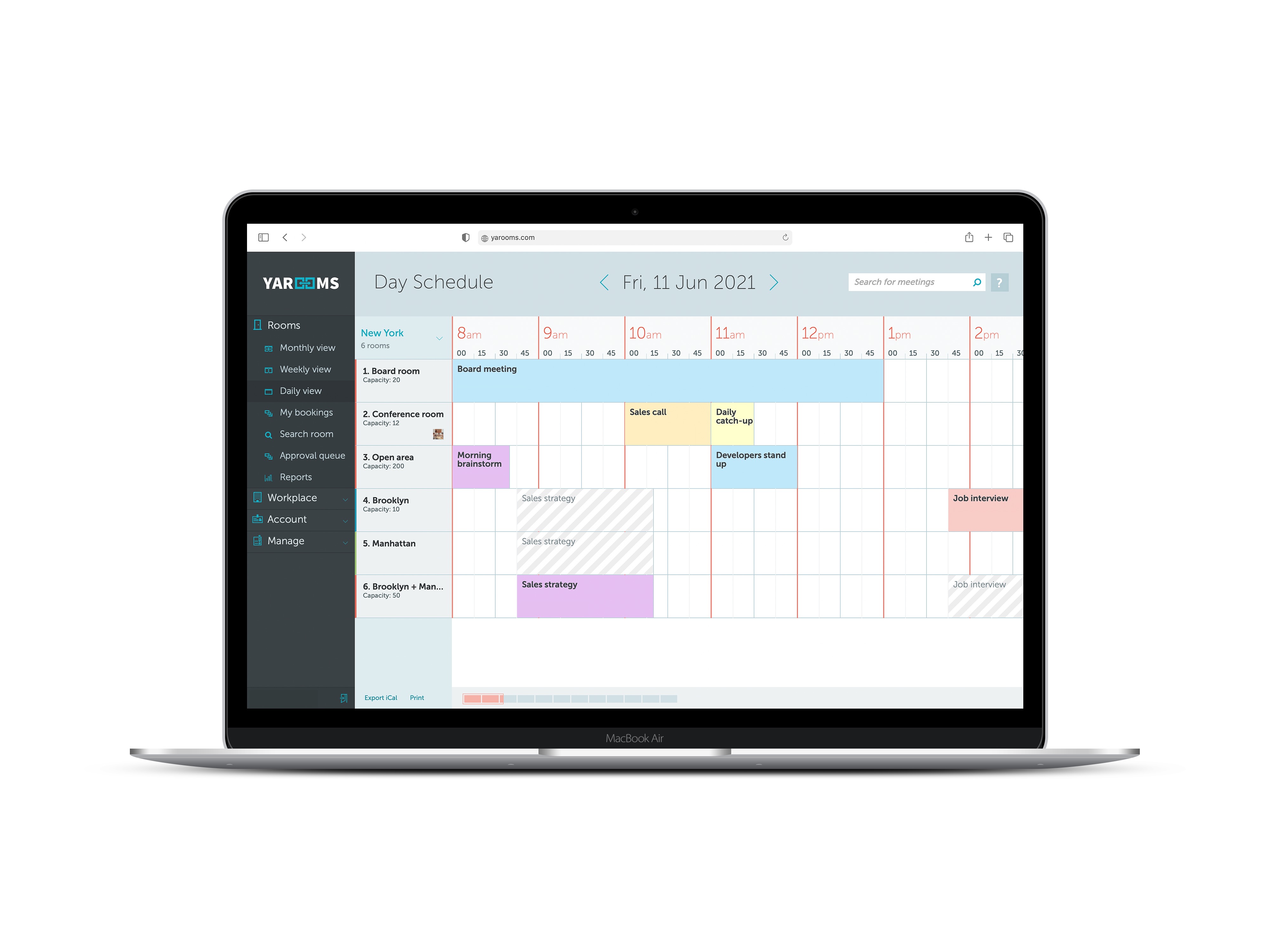 One shared space calendar. All room bookings are in a single place. Users only see what they have access to.