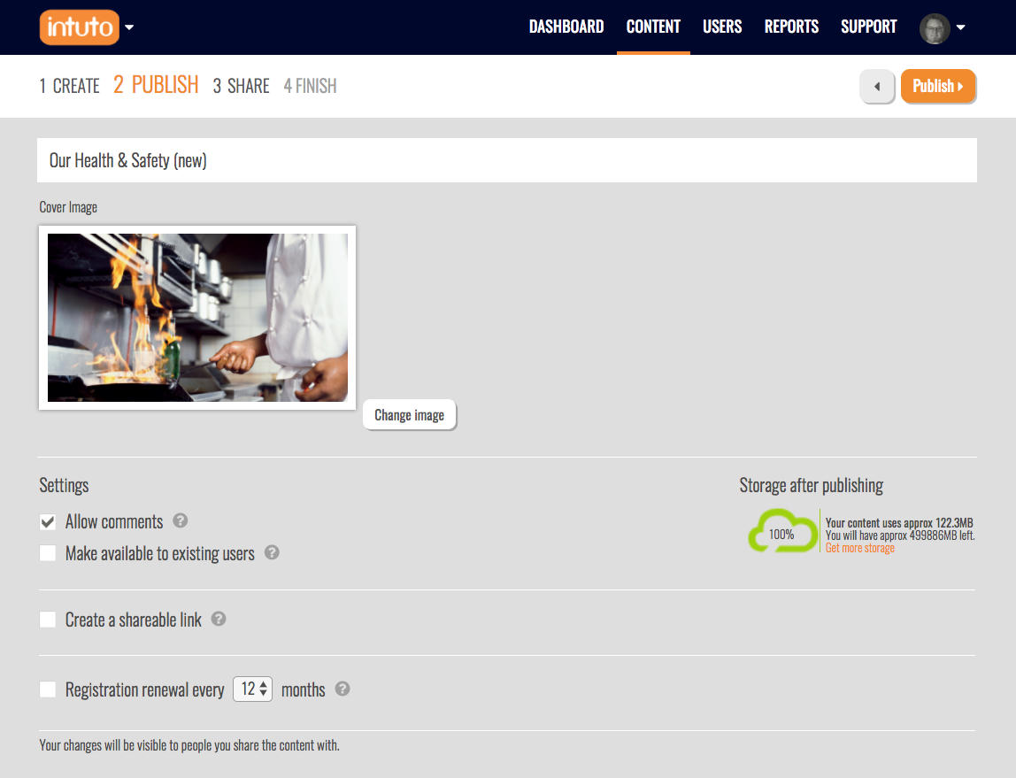 Intuto Software - Content contributors can work on content over multiple sessions, publishing it only once they are happy with it. The publishing screen offers options for making content available to users.