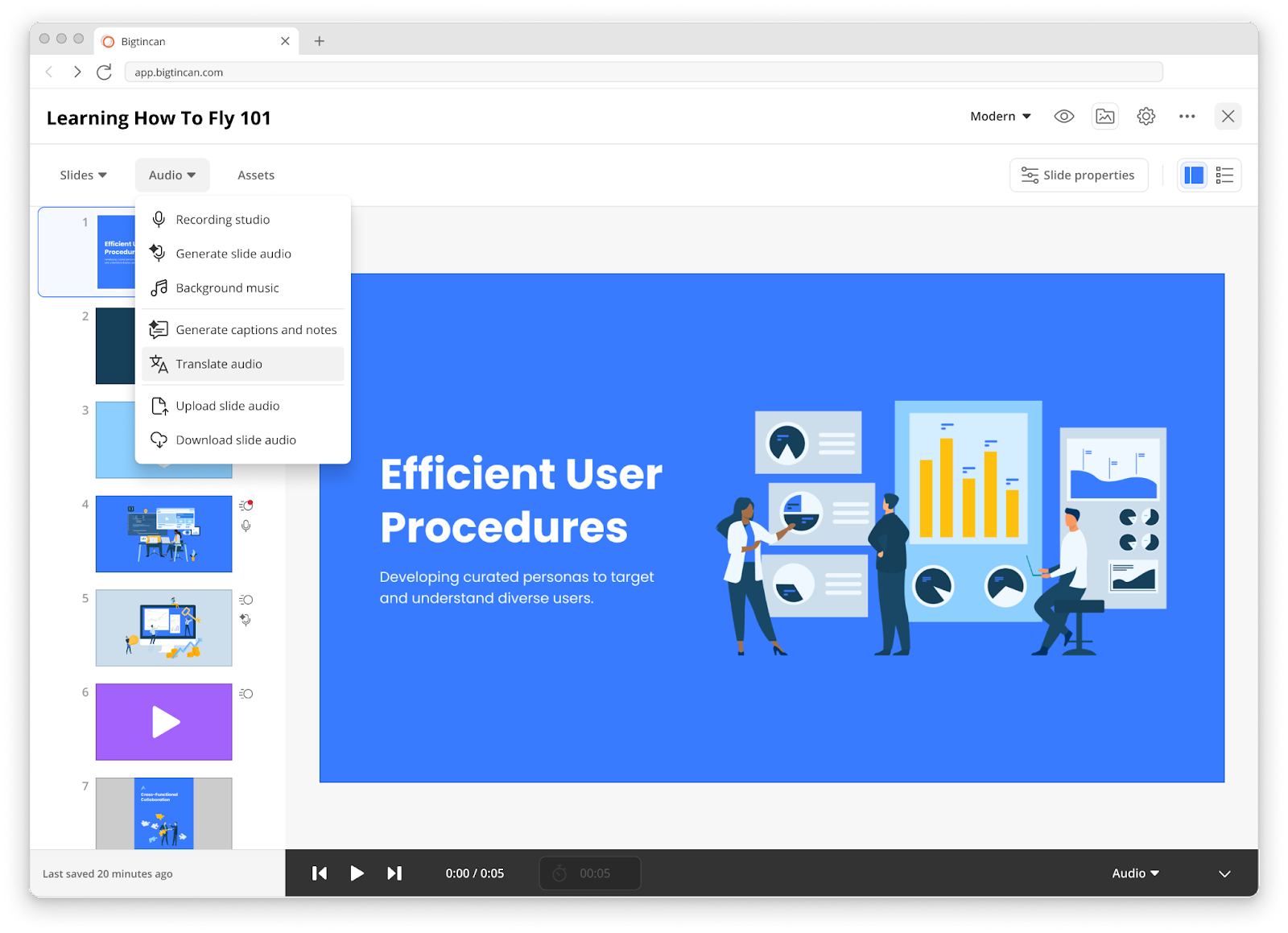 Brainshark screenshot: Create higher quality, more accessible training content in less time with AuthoringAI. Instantly generate captions, slide notes, voiceover, translations, and more.