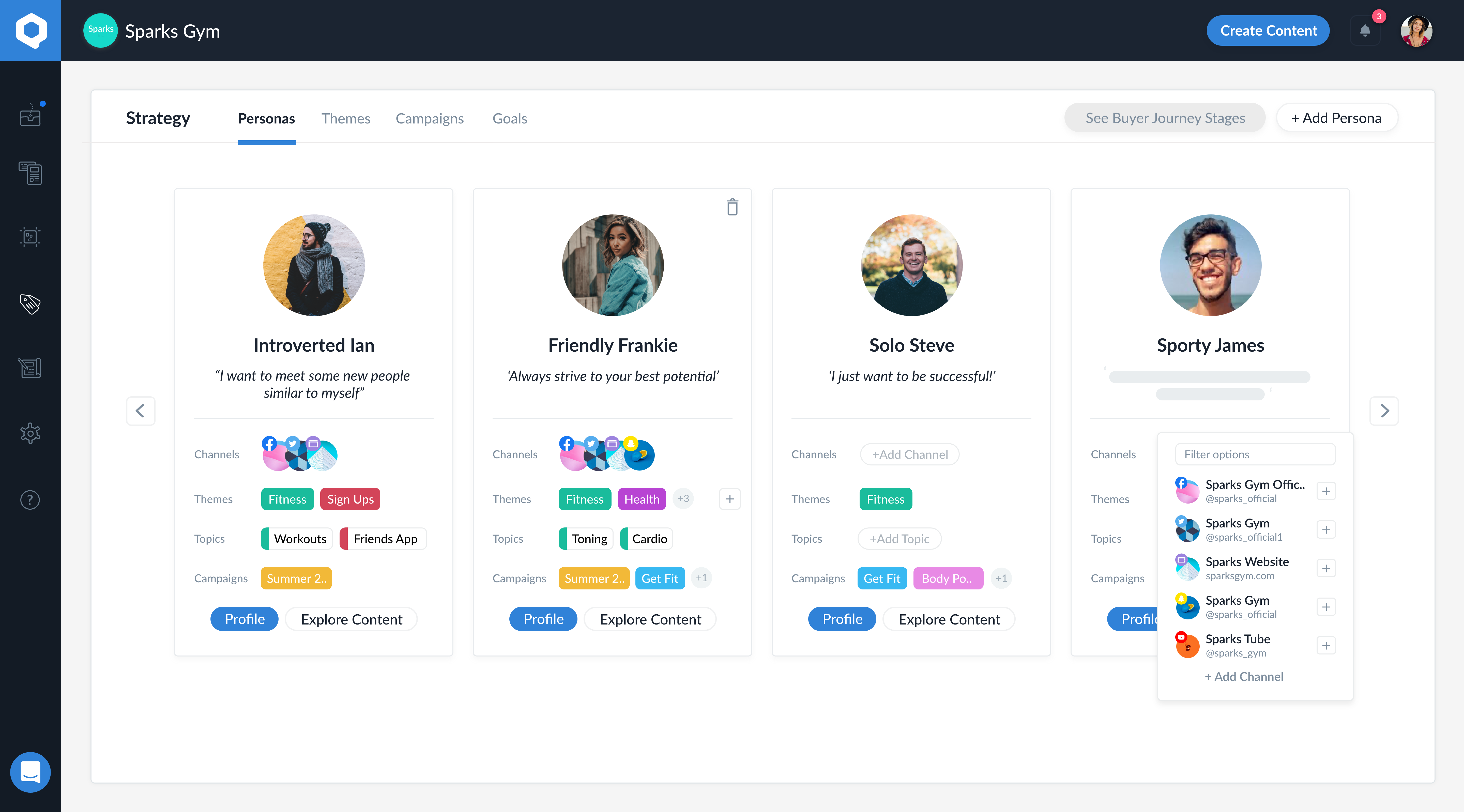 Qurate screenshot: Built in Persona Builder allows you to quickly and easily tag buyer personas, set the buyer journey stage, add themes, topics, products, campaigns and goals