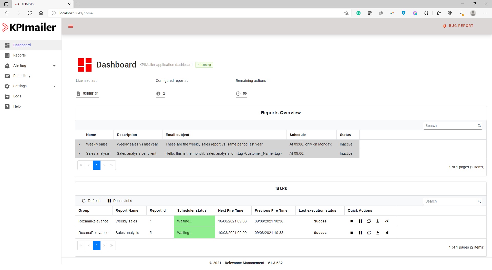 KPImailer screenshot: Dashboard