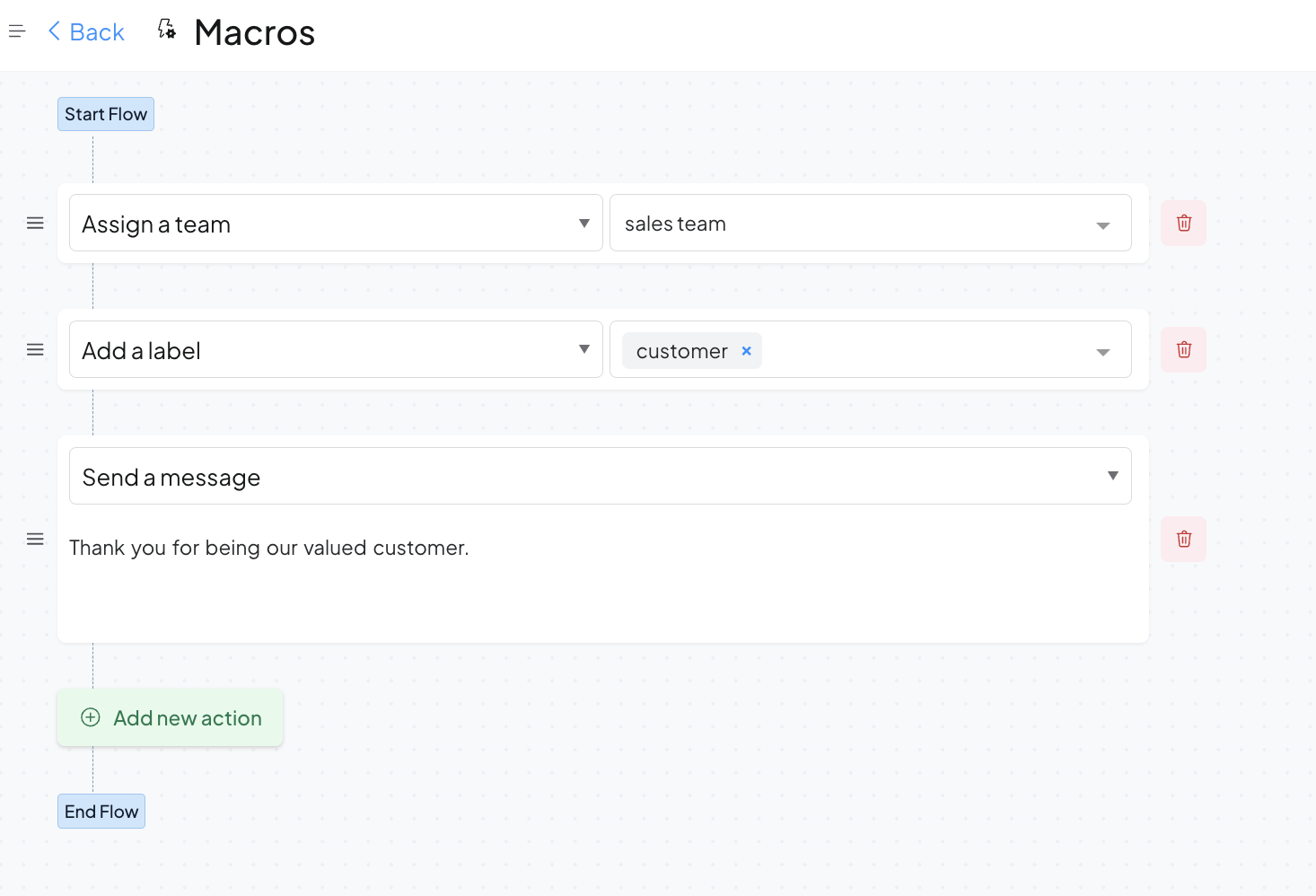 Macros are shortcuts for customer service agents, bundling tasks like tagging, emailing, and updating in one click. It  boosts efficiency by helping agents repeat actions easily and aid in onboarding new team members with pre-set steps.
