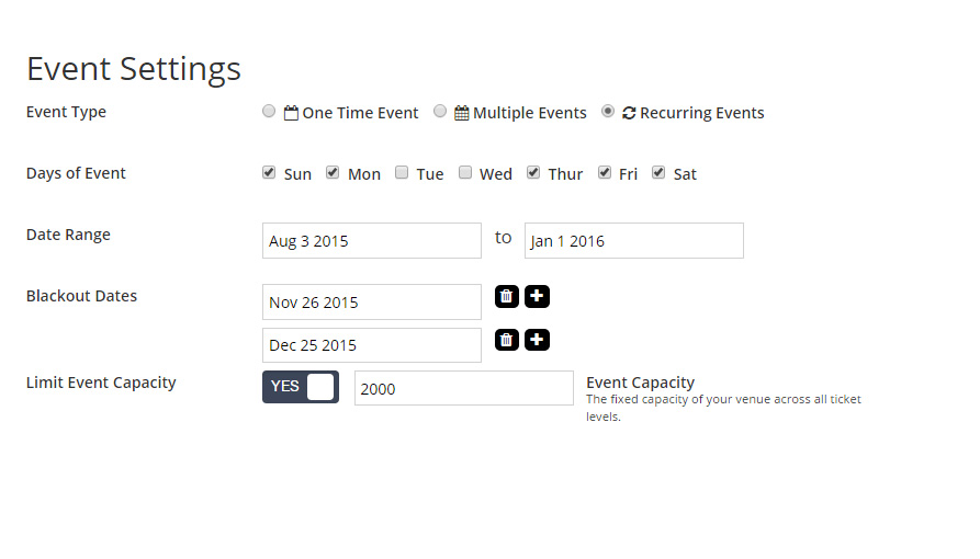 TicketSpice allows users to set up one-off, recurring and multi-date events