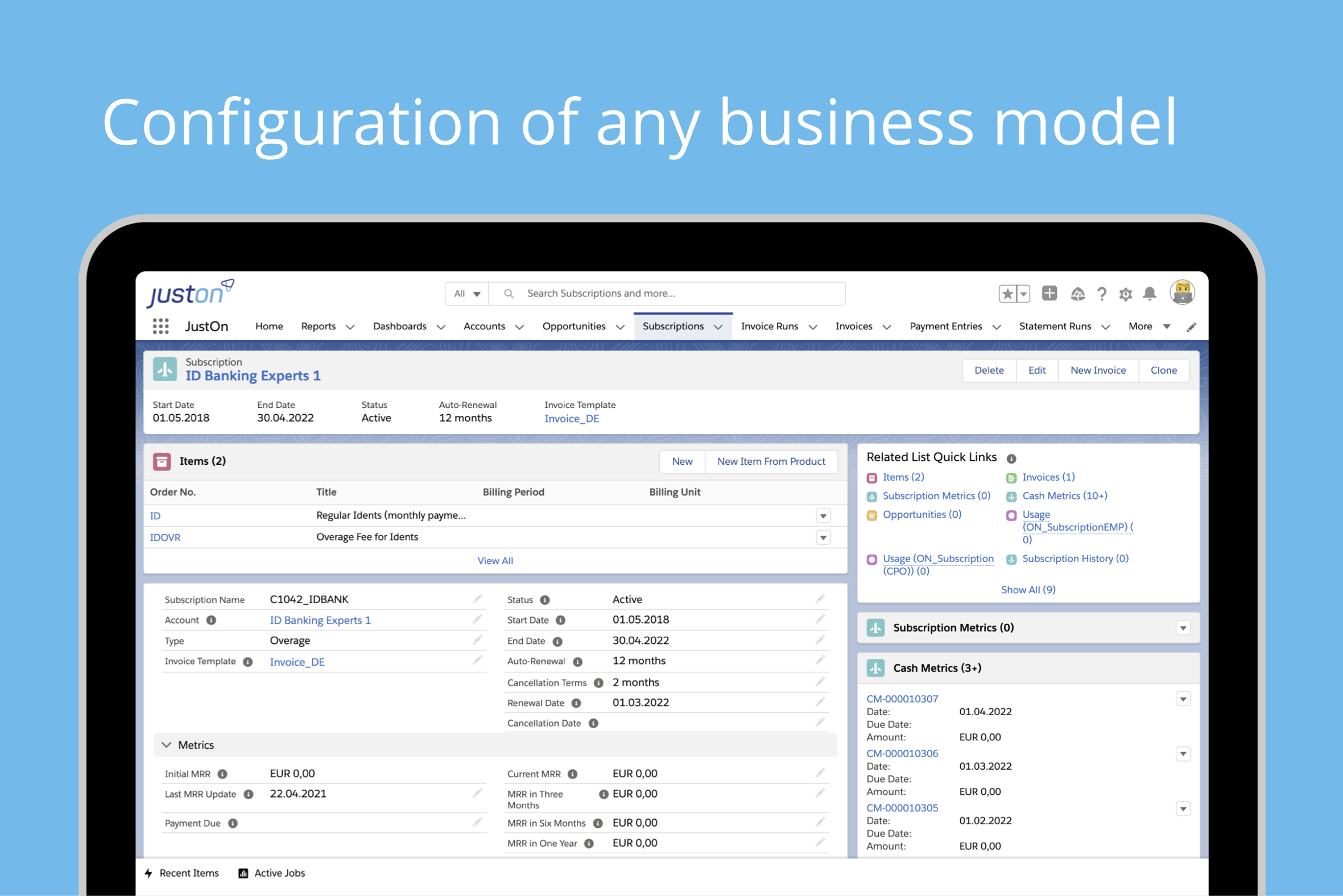 JustOn screenshot: JustOn define and configure contract model based on recurring services, usage data or one-time sales
