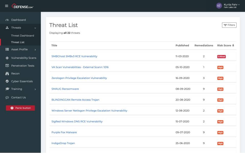 Defense.com threat lists view