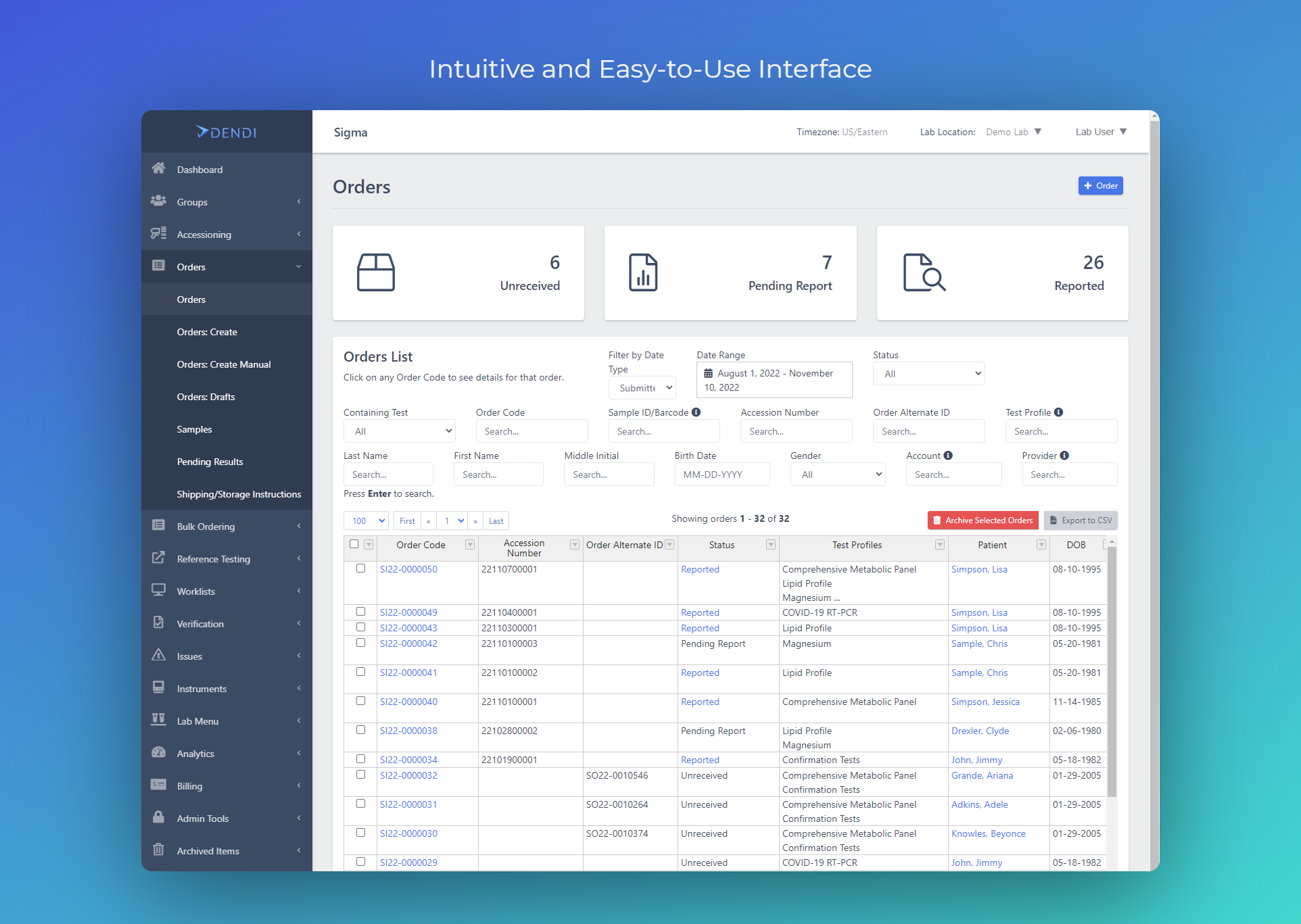 Dendi LIS screenshot: The intuitive and easy-to-use interface reduces onboarding time and provides the optimal user experience so that the lab can operate smoothly and efficiently.