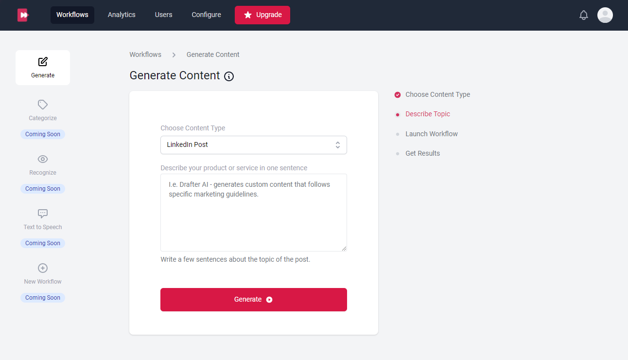 Drafter AI screenshot: Manage and Trigger Multiple Workflows using the same UI