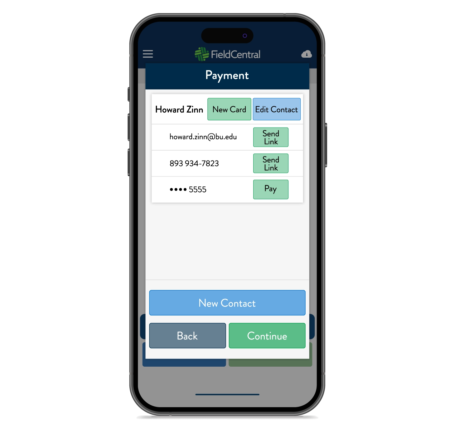 FieldCentral screenshot: FieldCentral managing payments