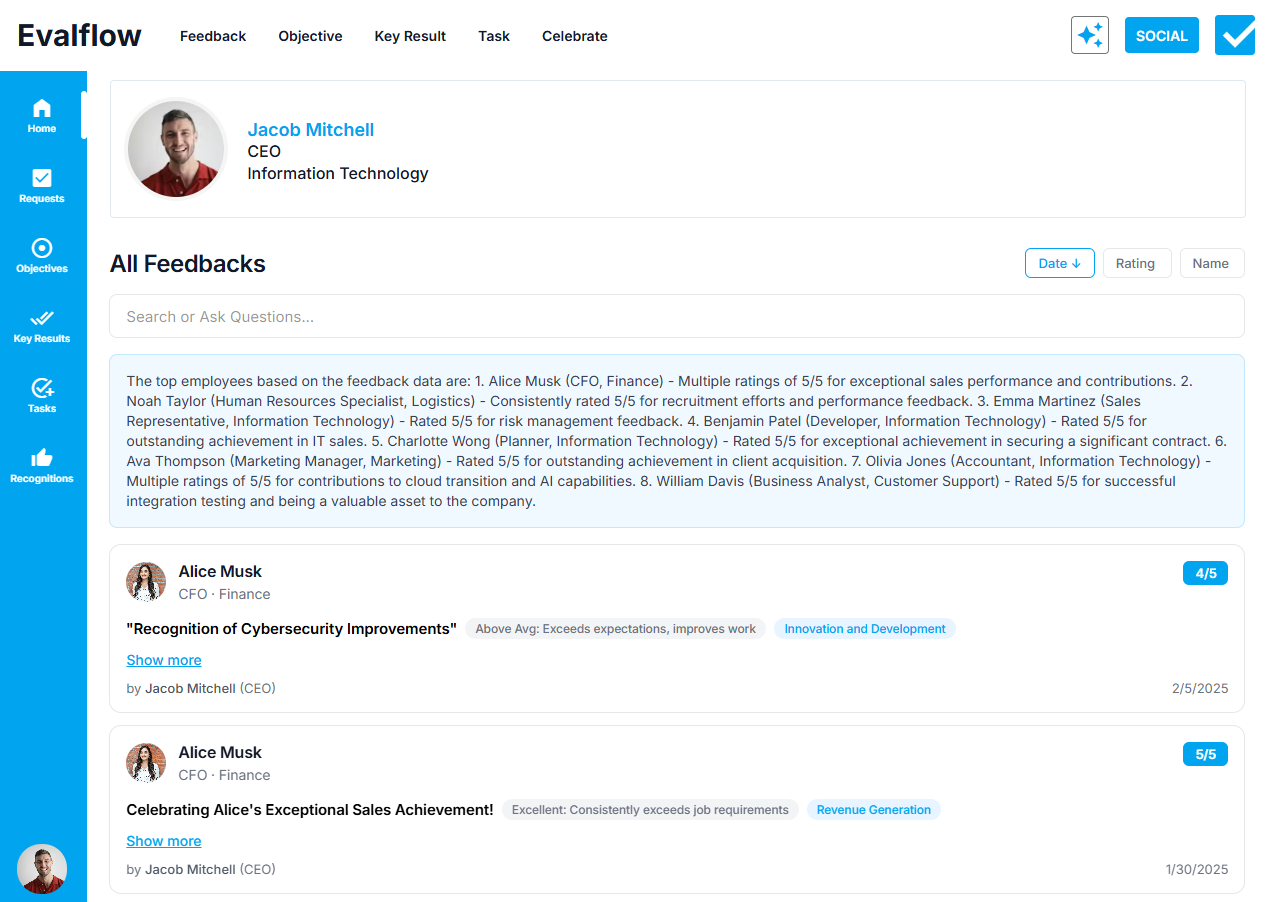 Evalflow screenshot: EvalFlow’s AI-Powered Feedback Feed revolutionizes performance management with real-time insights. Instantly search, ask AI-driven questions, and recognize top performers. Smart categorization and structured feedback make tracking contributions effortless
