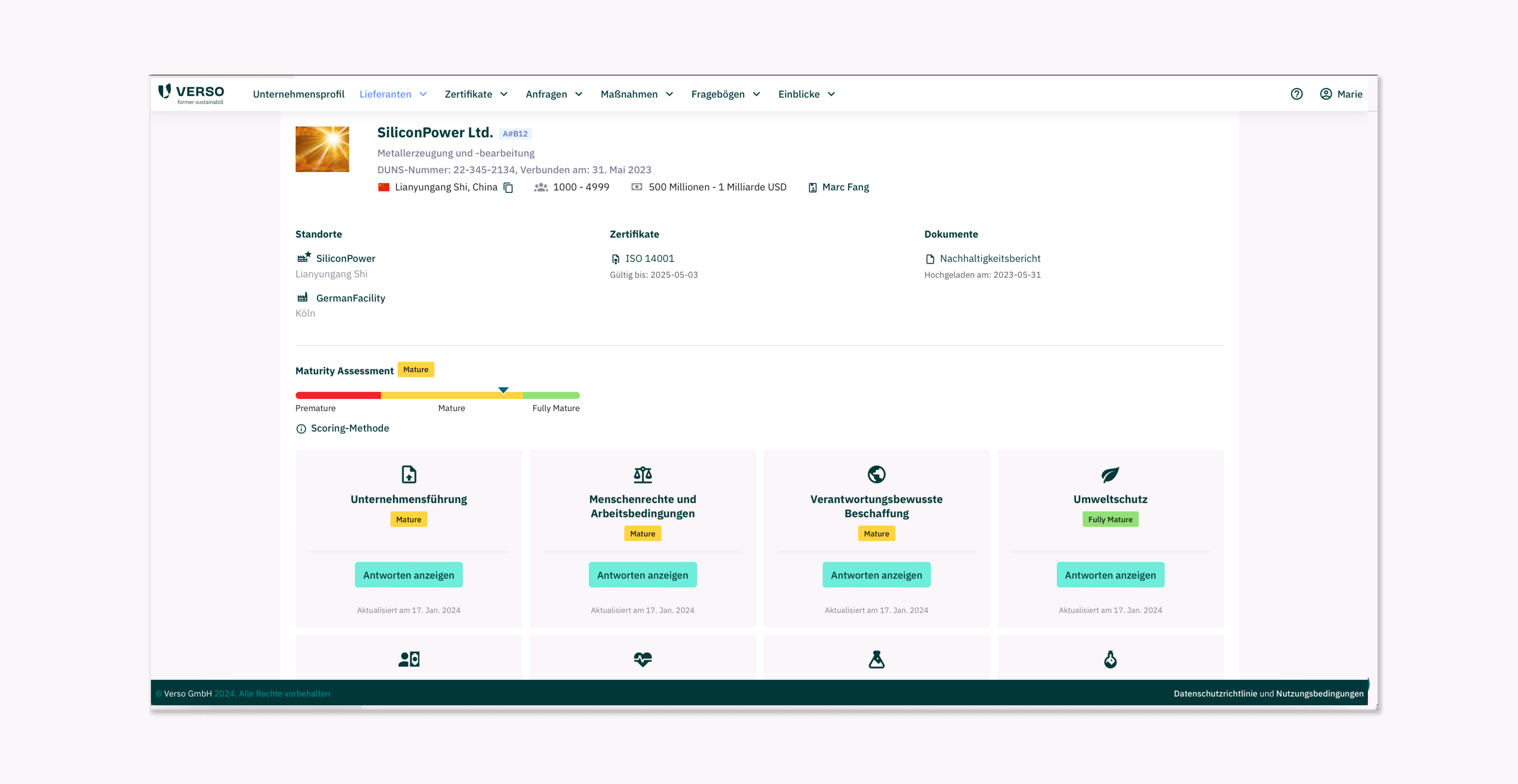 VERSO Supply Chain Hub screenshot: Supplier Overview. Including a maturity assessment of your suppliers based on the most important risk scoring topics.