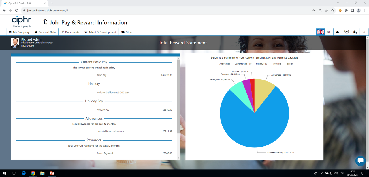 Ciphr HR job and pay information screen (total reward statement)