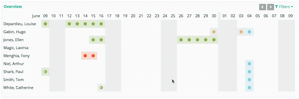 Availability and booked leave is updated in the calendar in real-time