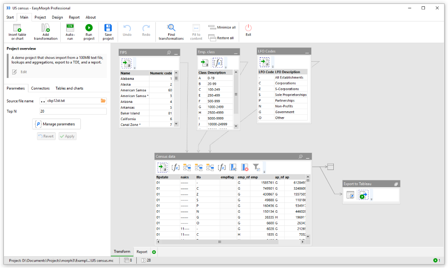 EasyMorph combines data and workflow in a single view, providing a clear picture of transformation logic