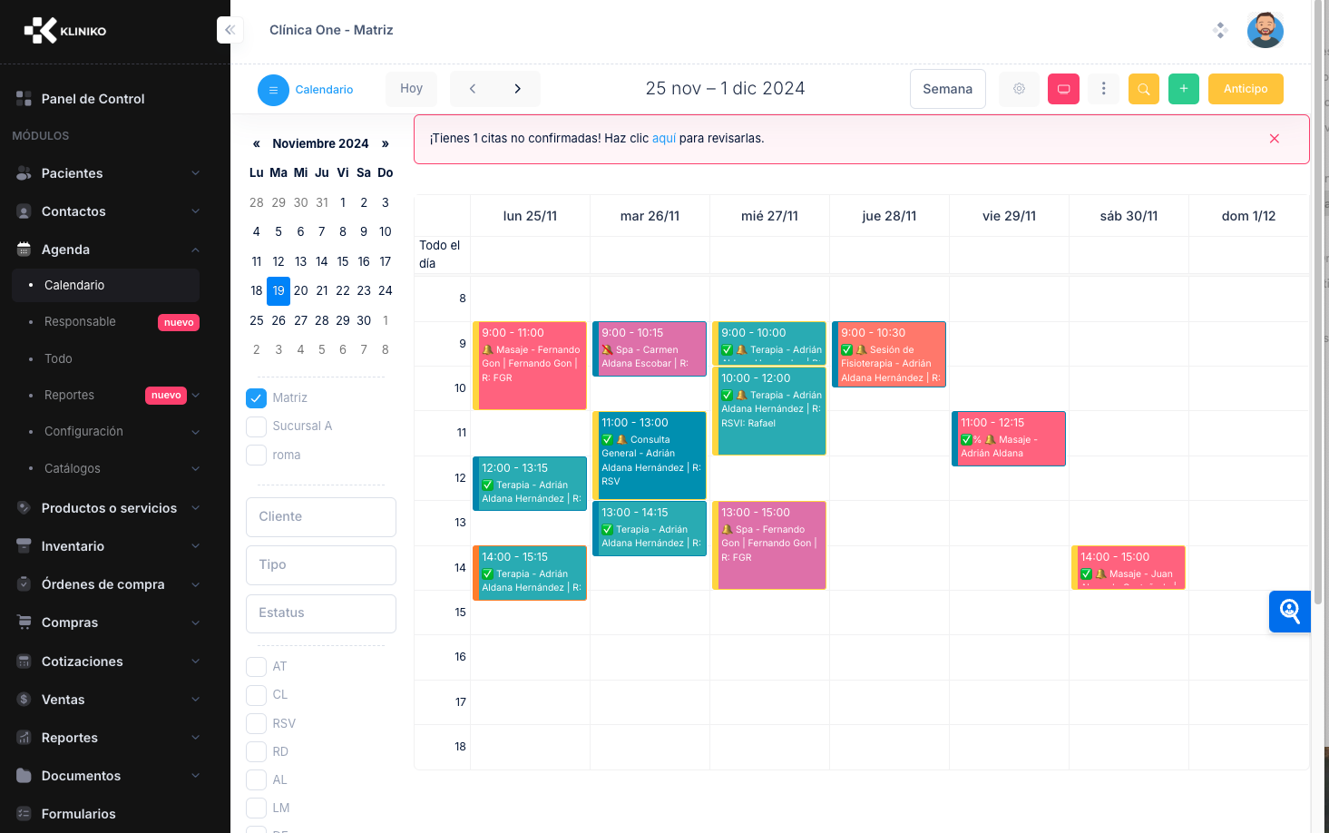Kliniko screenshot: Recrea tu calendario con código de colores, iconos, así sabrás qué pasa con solo un vistazo. 
Usa todas las funciones para ver tu agenda por lo que quieres conocer, citas por persona, por día, por mes, por sucursal etc...
