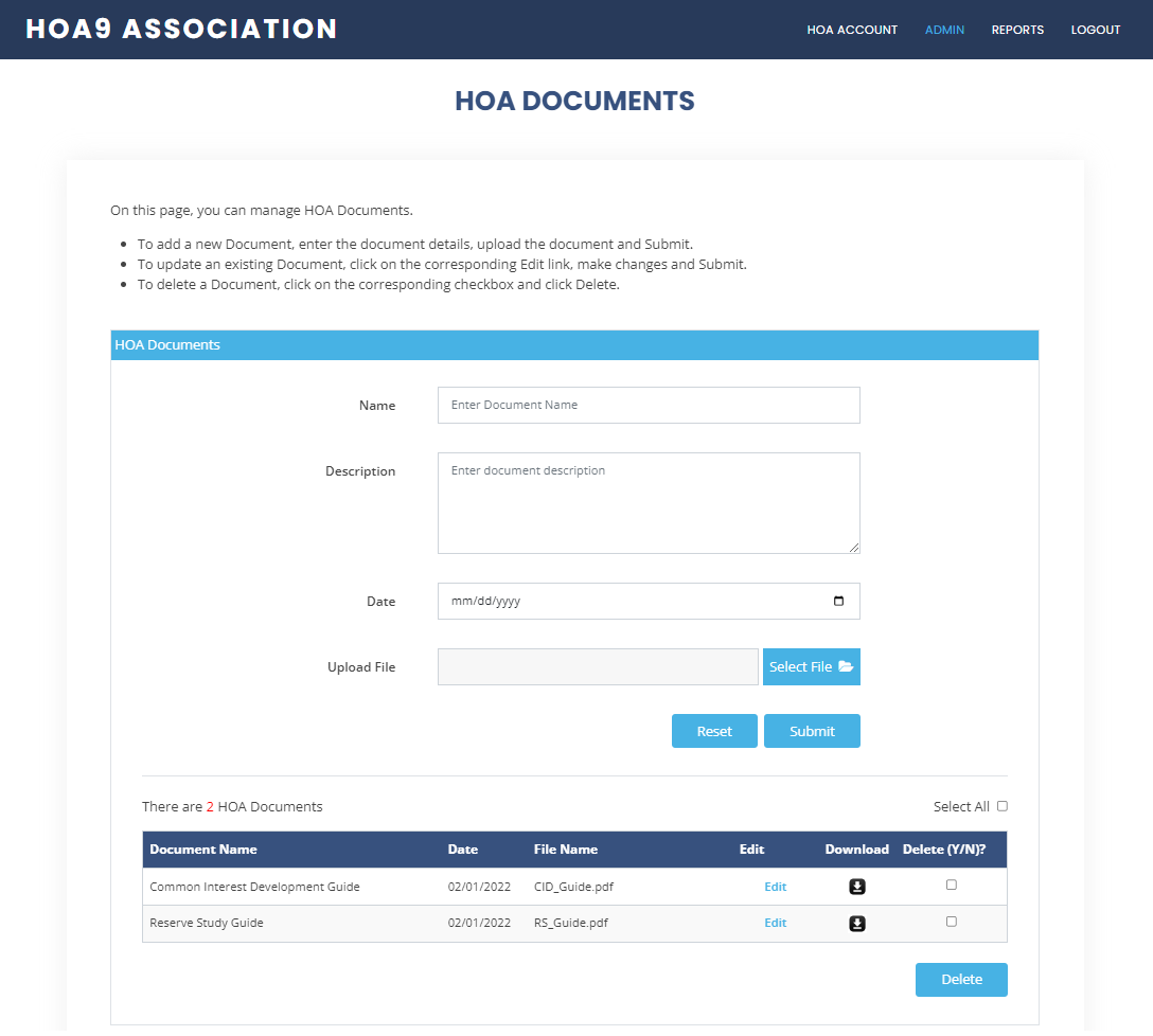 HOA Documents Administration page where Administrator can add/remove/update HOA Documents