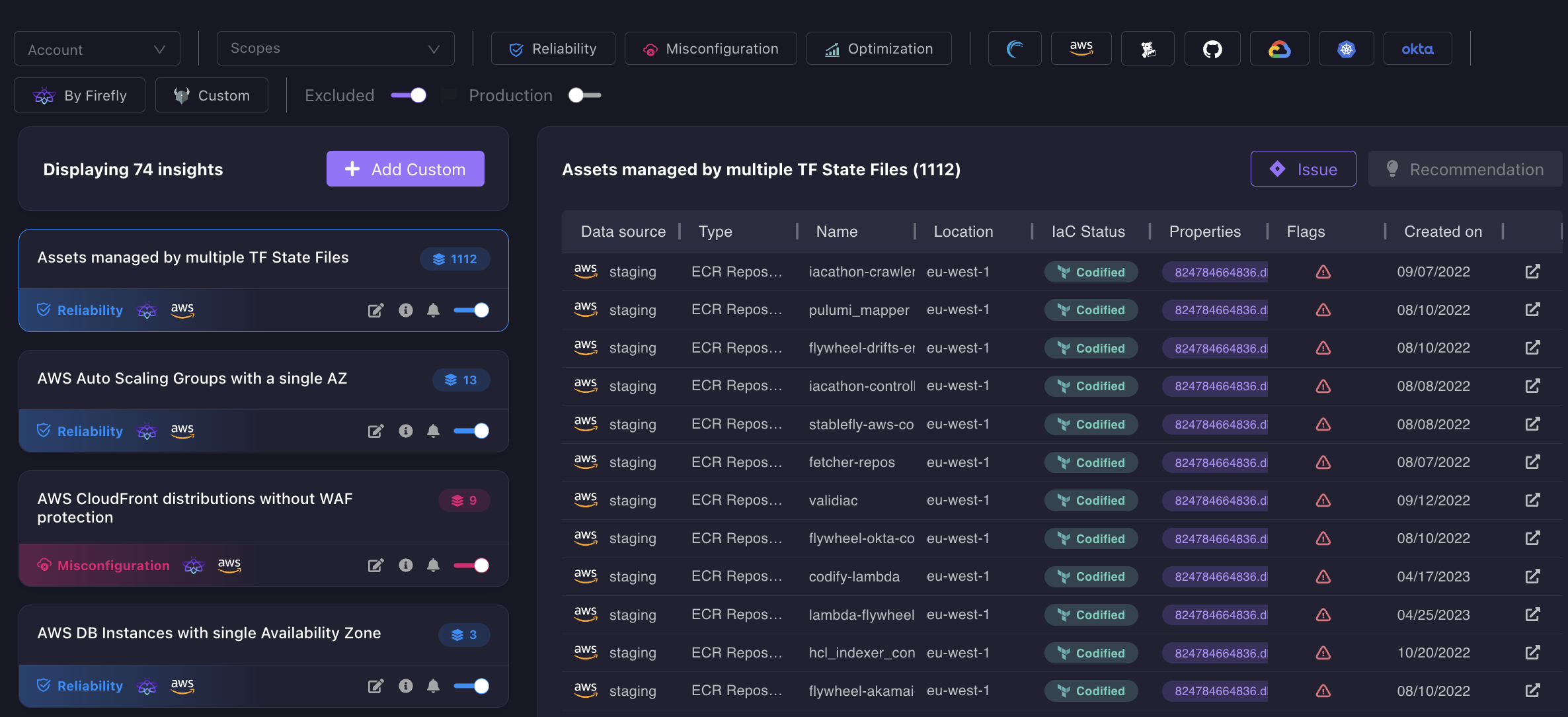Firefly screenshot: Insights into cost, risk, and reliability issues. See how your cloud compares to Open Policy Agent community best practices and to your own custom policies. Get remediation code to realign your cloud to the desired state.