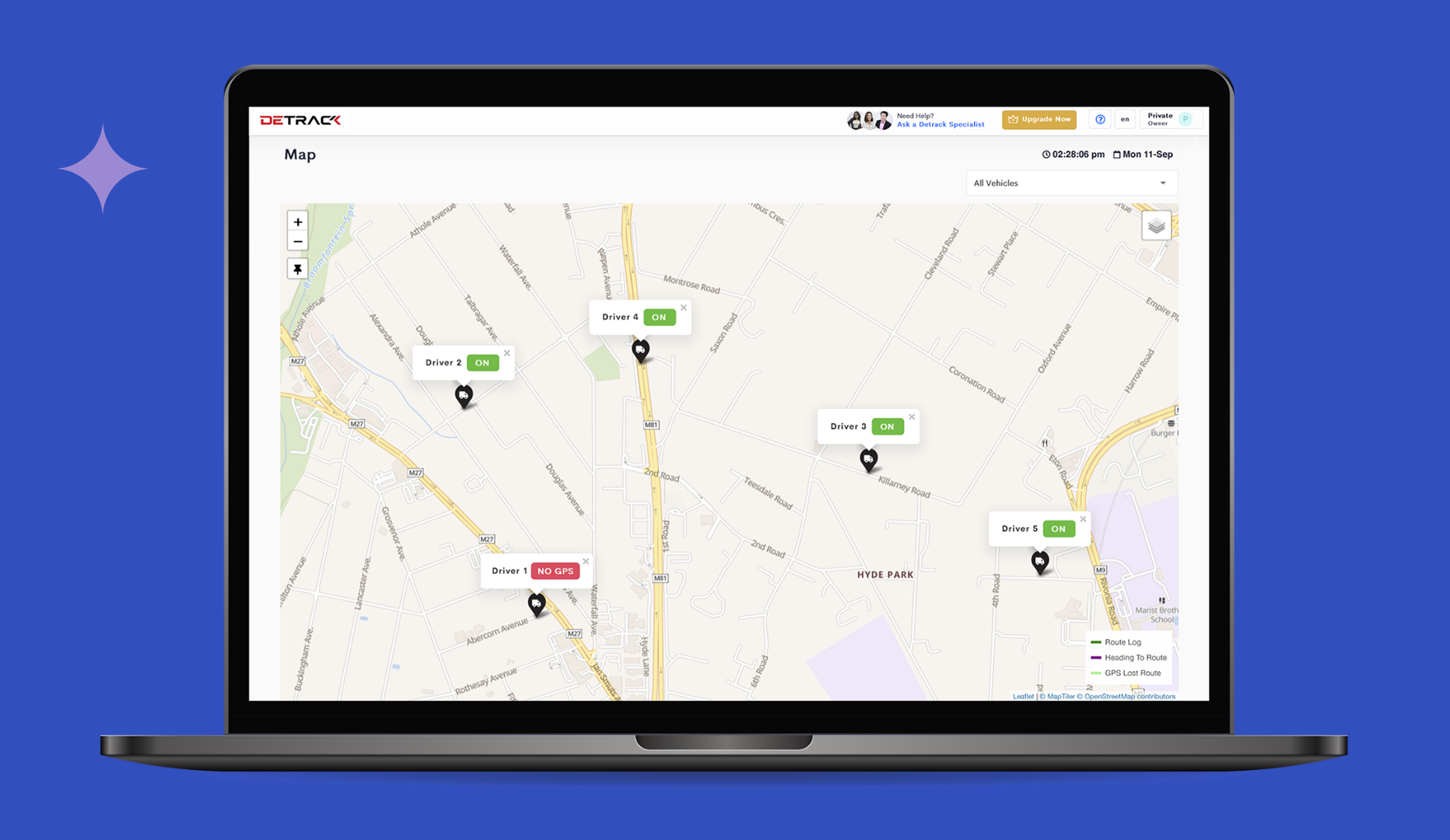 Track the real-time location of each of your vehicles on a unified live map