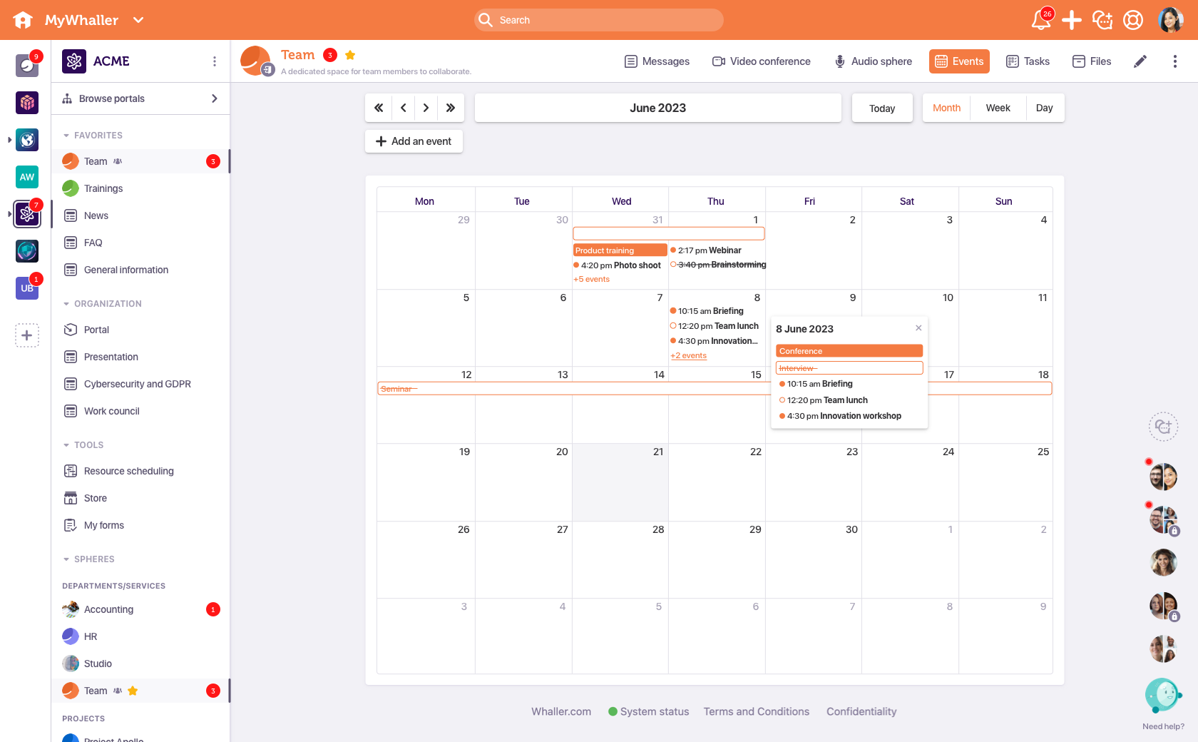 Network members can create events, manage RSVPs and see upcoming engagements on shared calendars.