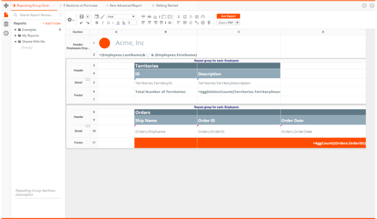 Exago BI reports list