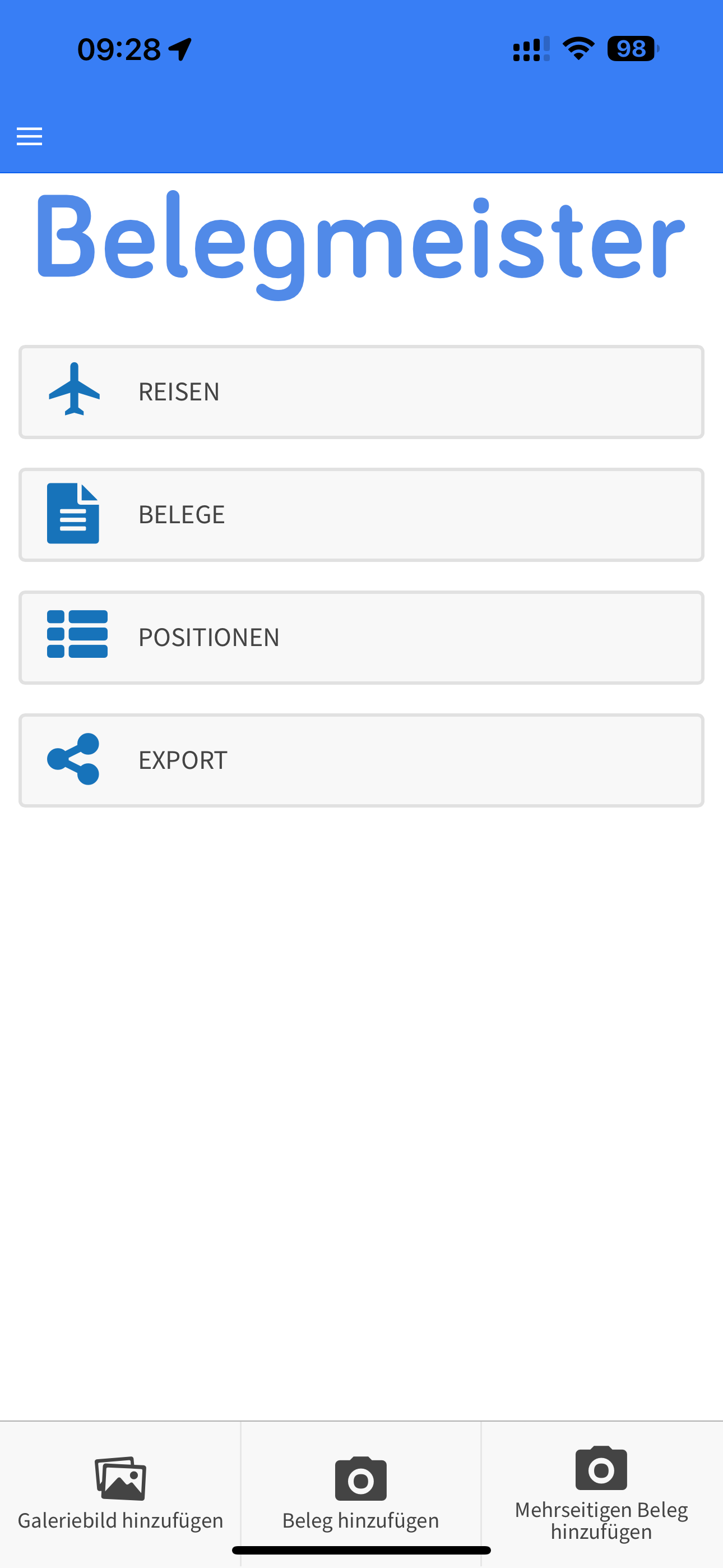 Belegmeister screenshot: Startseite der Handy-App