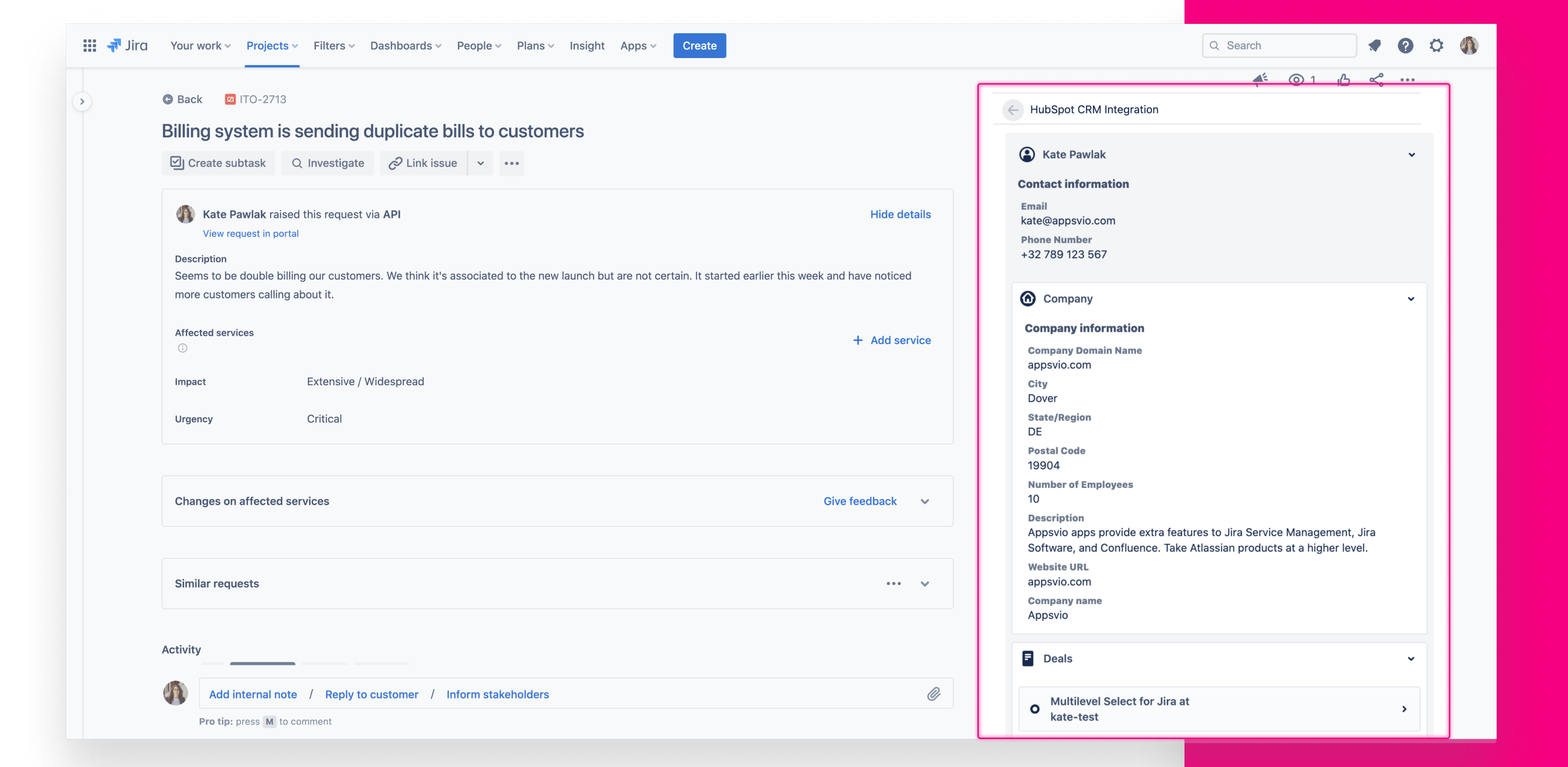 Integrate Jira with HubSpot and enjoy data simultaneously with other Jira’s features. Keep an eye on data and use them even without HubSpot access. It’s you who picks up the user and the details you want to display.