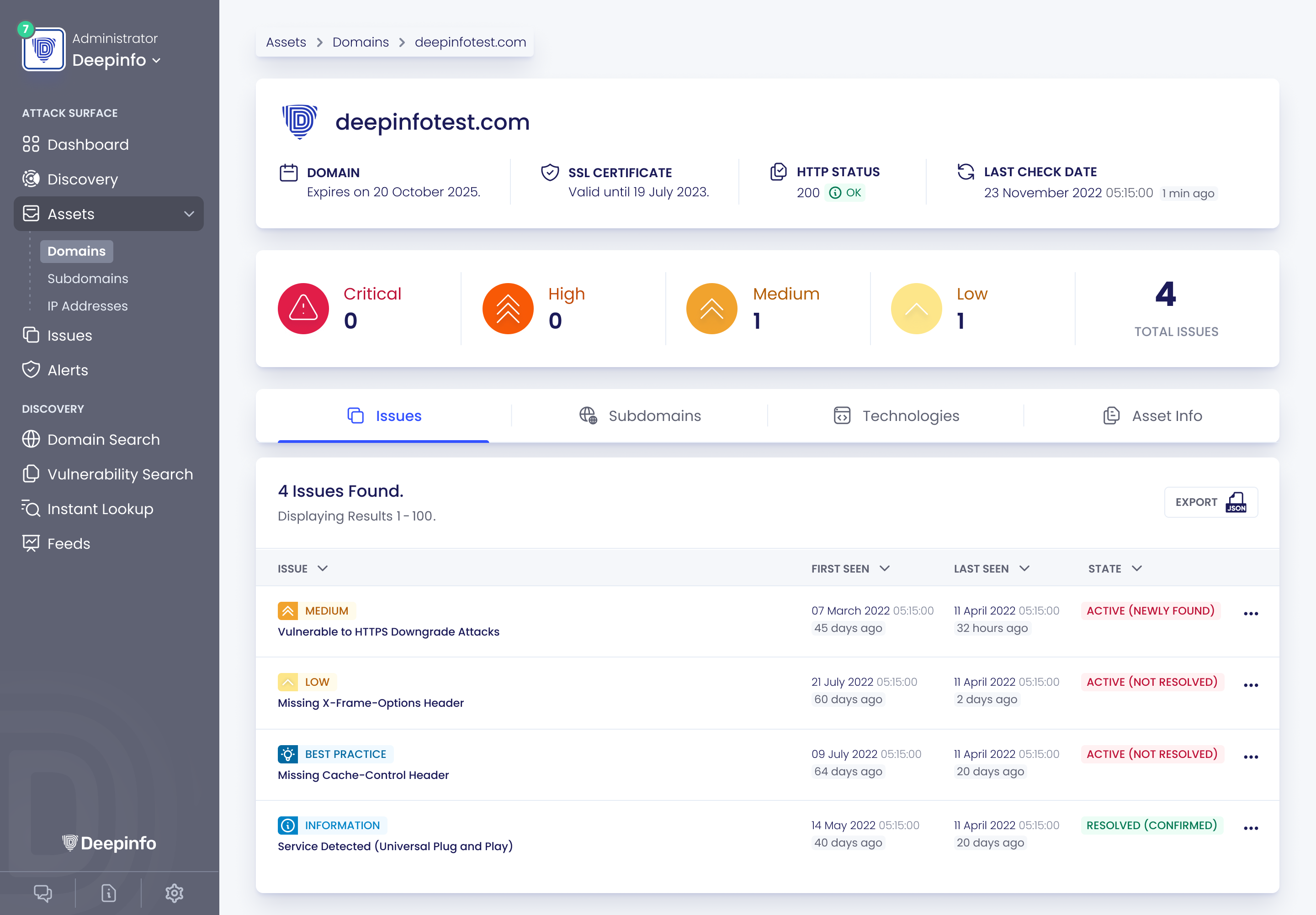 Deepinfo Attack Surface Platform Software - Assets>Domains>Issues