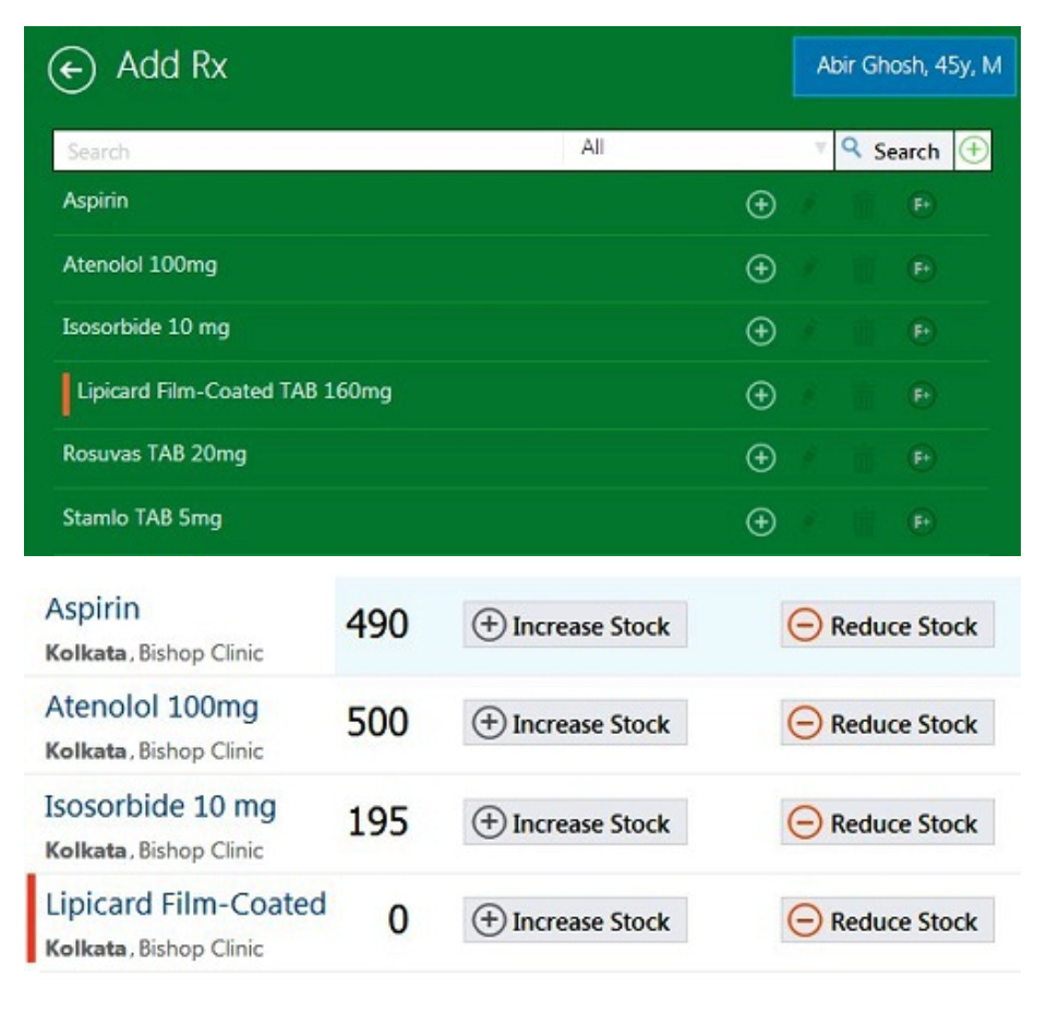 Integrated pharmacy and inventory functionality enables users to check whether a particular drug is in stock at the pharmacy or not in real time
