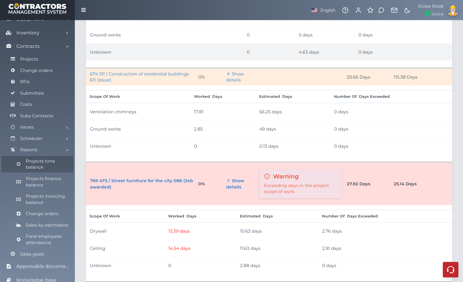 Contractors Management System Software - Projects Time Balance Report