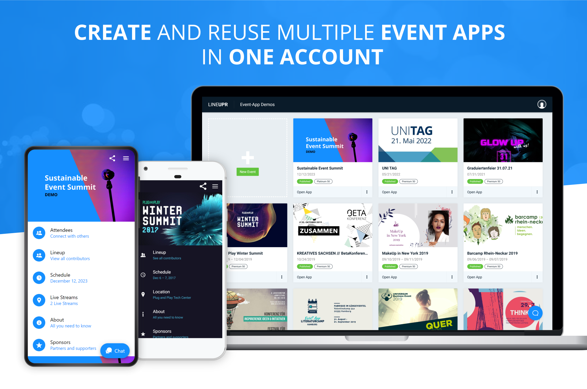 With LineUpr you can create, update and reuse as many event apps as you wish in one account. LineUpr is the perfect solution if you need to handle many events that require an event app.