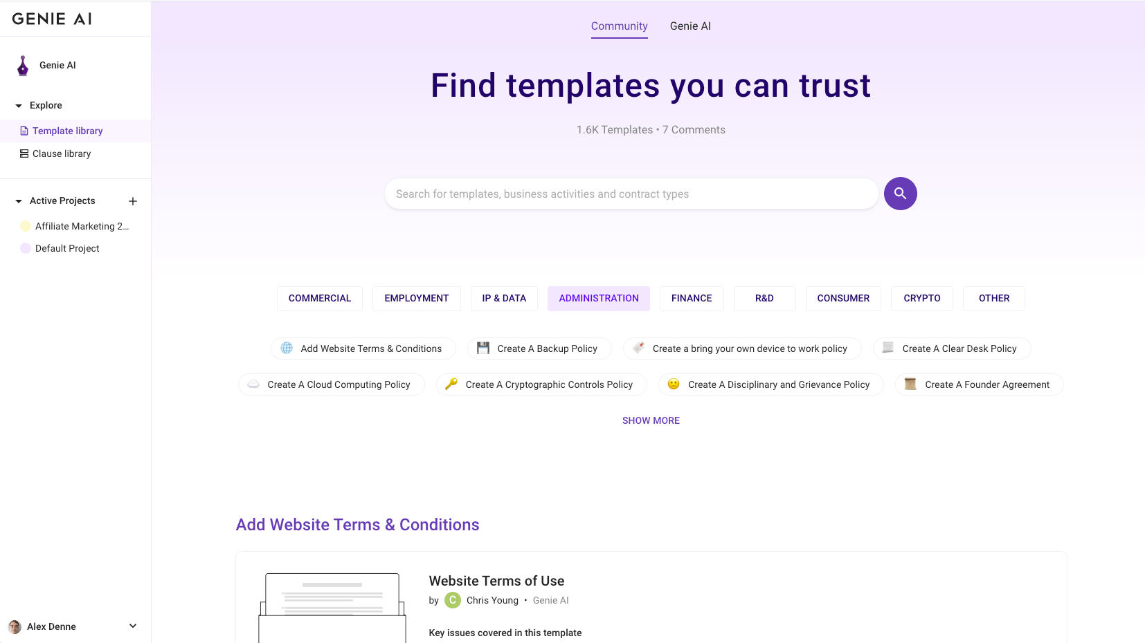 The logged in view of the Genie AI legal template library. Note the sidebar with access to clause library and project management features, as well as settings at the bottom left. Search is autocomplete.