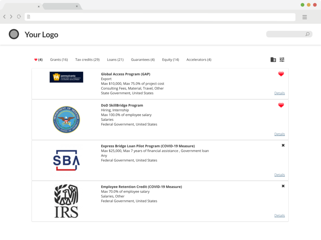 Fundica screenshot: Entrepreneurs and business owners create a free account and receive relevancy-ranked funding program recommendations specifically tailored to their business.