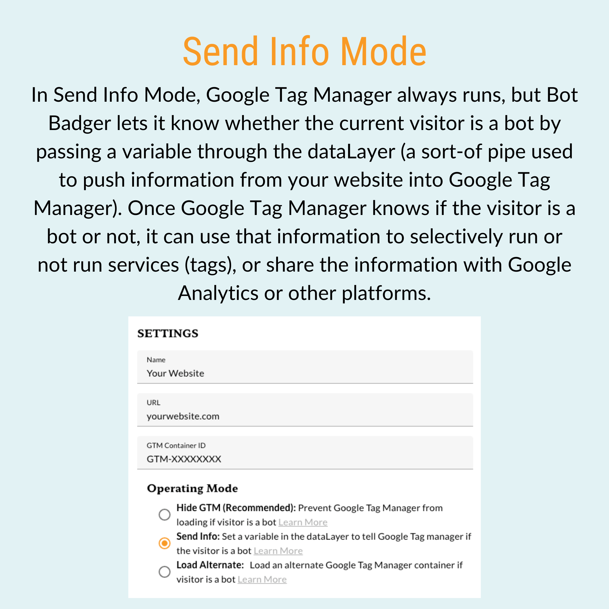 In Send Info Mode, Bot Badger enables Google Tag Manager to identify visitors as bots or humans by passing a variable, allowing for selective tag execution and data sharing based on visitor type.