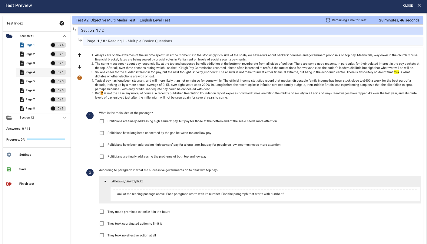 Test Preview: Test Invite provides users to control designed tests with a preview before the exam.