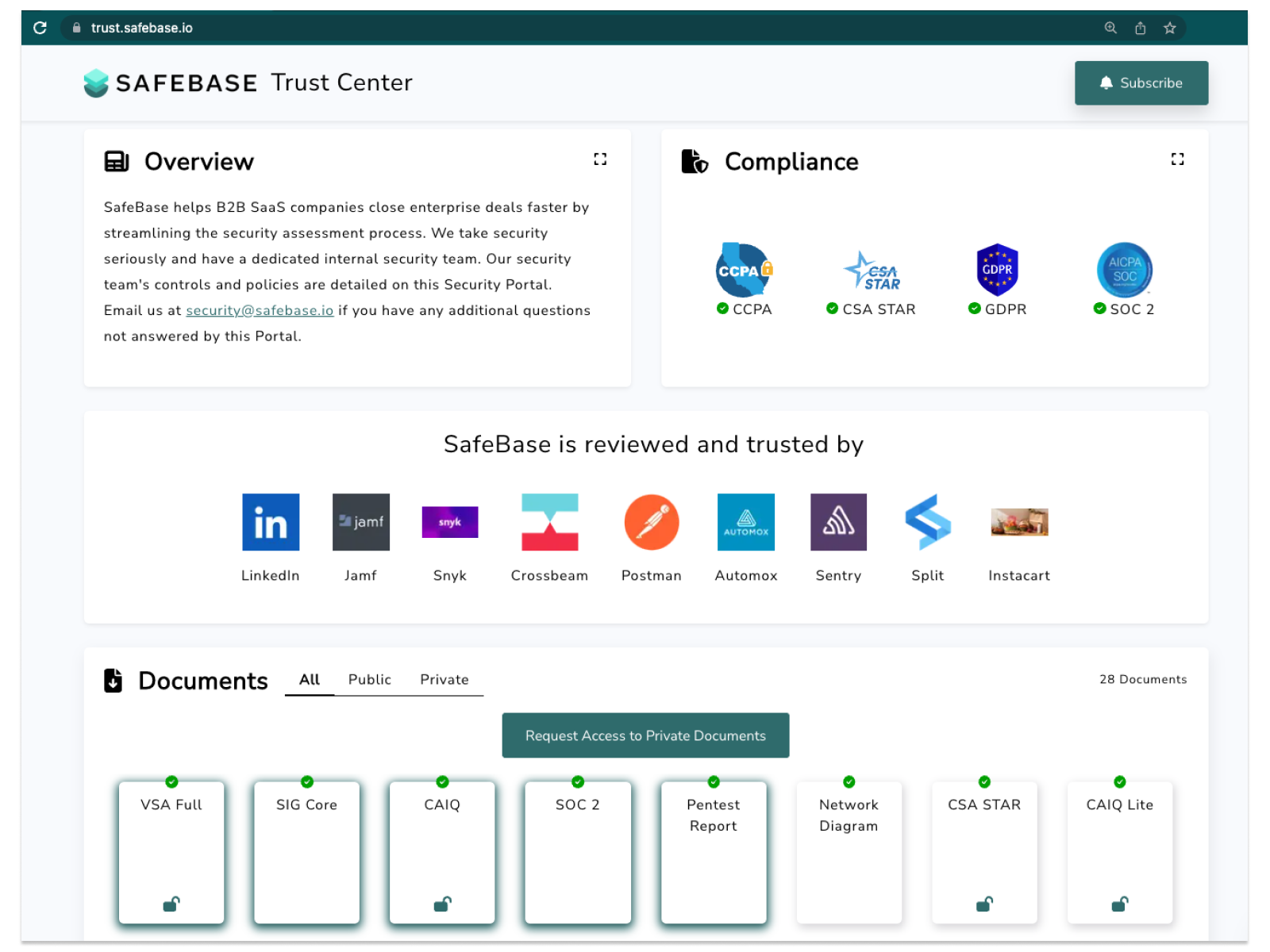 The SafeBase Smart Trust Center provides an organized, easy-to-navigate home for all of your customer-critical security documentation and information.