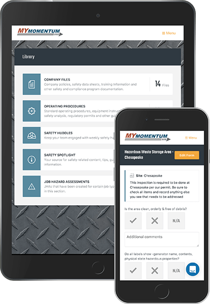 MyMomentum screenshot: Manage your safety program from any device  - Corrective Action, Assignments, Maintenance Items, Incidents/Accidents and Investigations, Injuries, Inspections, OSHA logs, DOT Drivers,  Regulatory Permits, Program Records, and Job Hazard Assessments. 