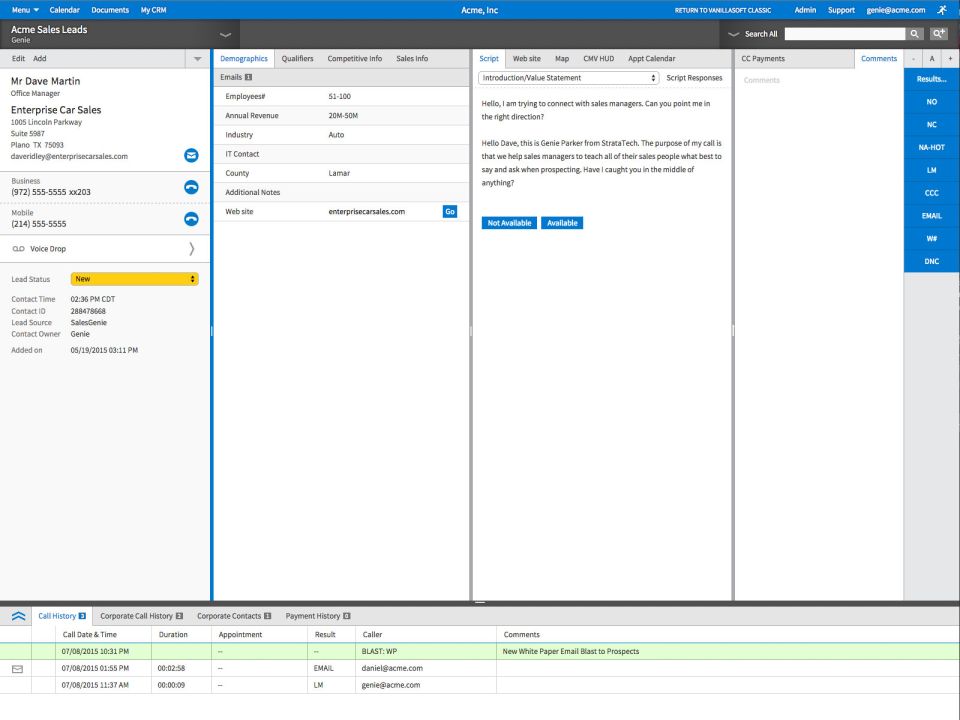 VanillaSoft Software - Contact Panel (4 column)