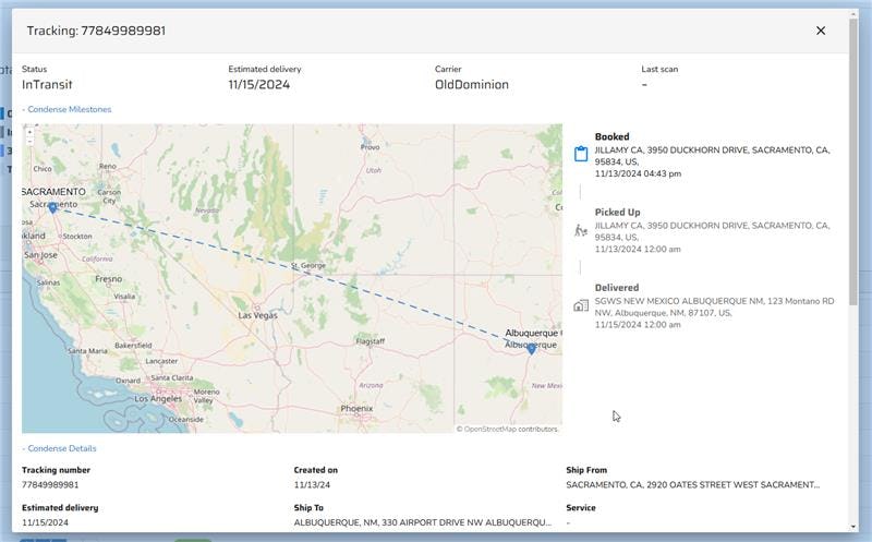 FreightPOP Software - nd-to-End Shipment Tracking:
Our real-time tracking map provides full visibility into your shipment’s journey. See live locations, ETAs, and key milestones across all transportation modes, ensuring transparency and timely updates from pickup to delivery.