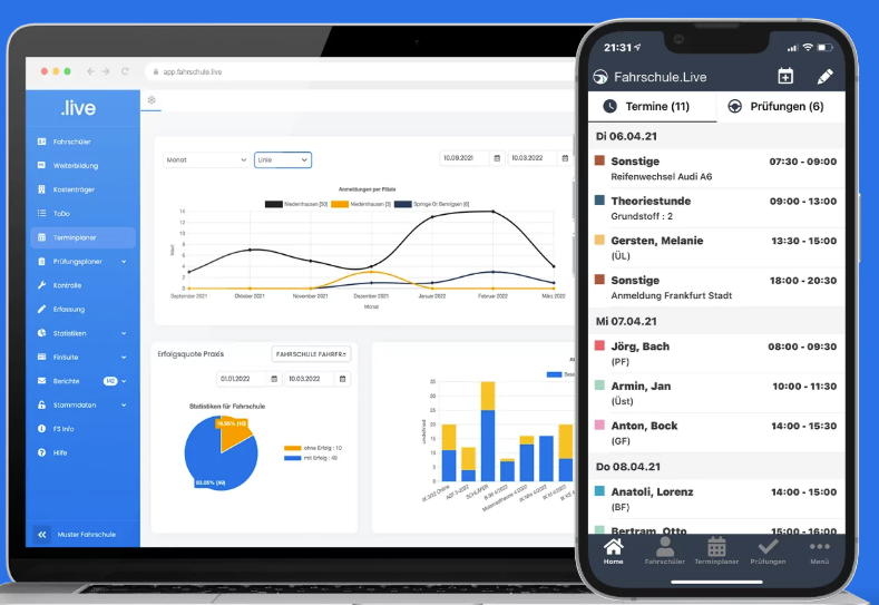 Fahrschule.live screenshot: Fahrschule.live is a cloud-based driving school management software designed by driving instructors for driving instructors. It streamlines administrative processes with features like live synchronization, allowing real-time data sharing across devices. T