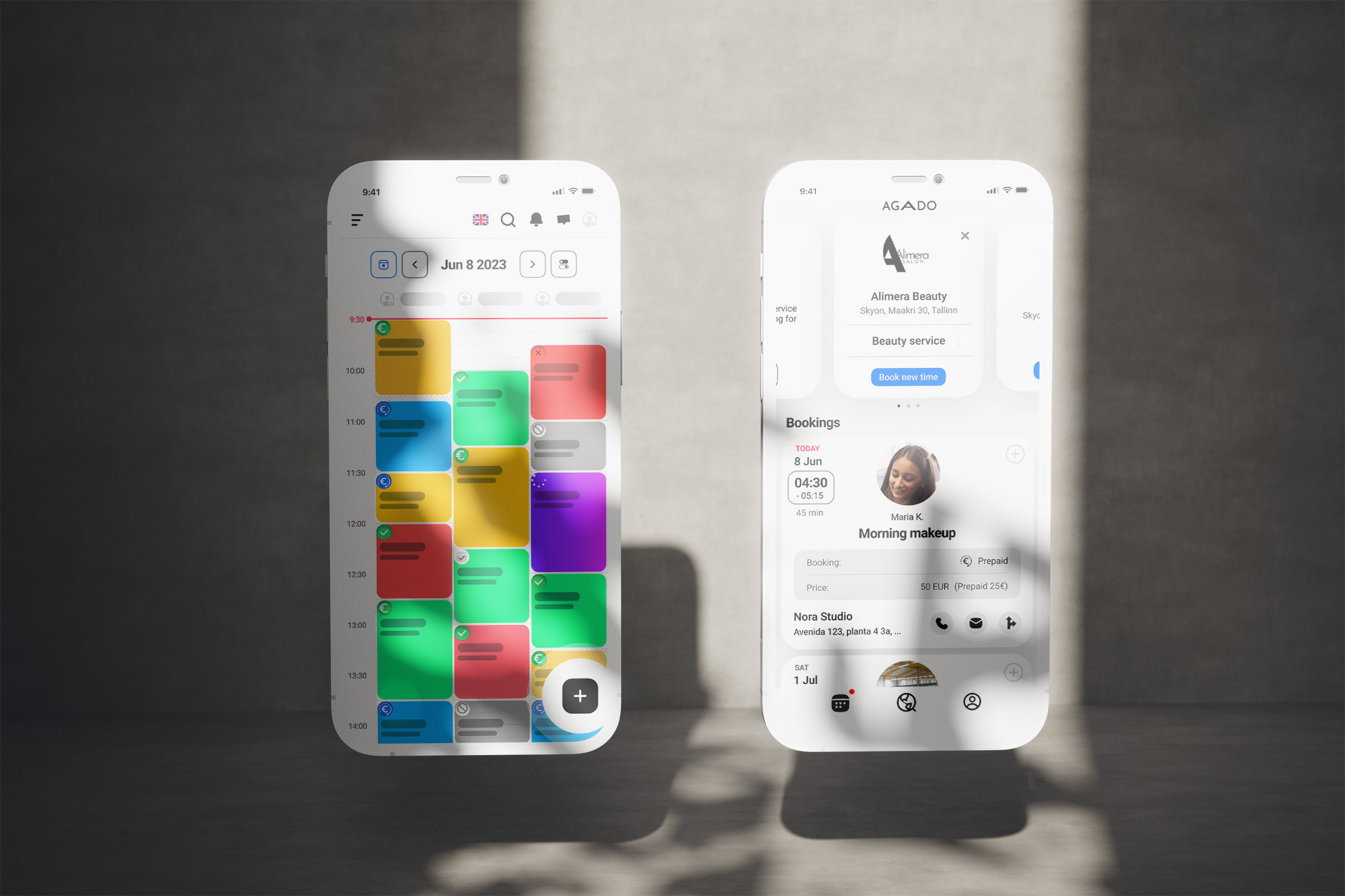 Booklux screenshot: Booklux booking software mobile app and Agado customer booking mobile app both provide a great overview of bookings and allow you to book a new appointment with just a few clicks.