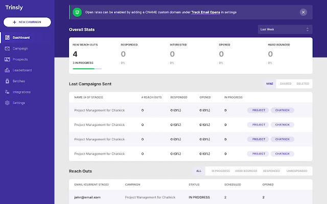 Talent CRM screenshot: Trinsly statistics