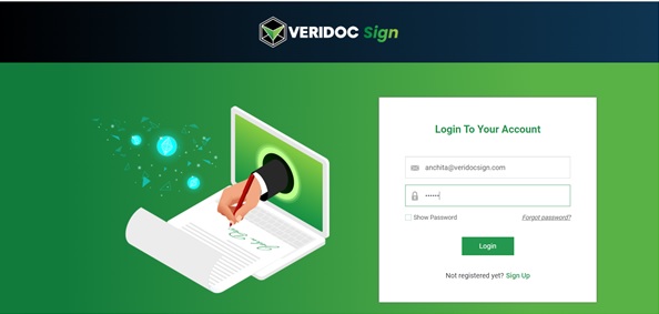 VeriDoc Sign screenshot: Sign up & Log in - Go to the official website of VeriDoc Sign. Sign up on VeriDoc Sign to avail your free trial. Then log in to your account using your registered e-mail address and password.